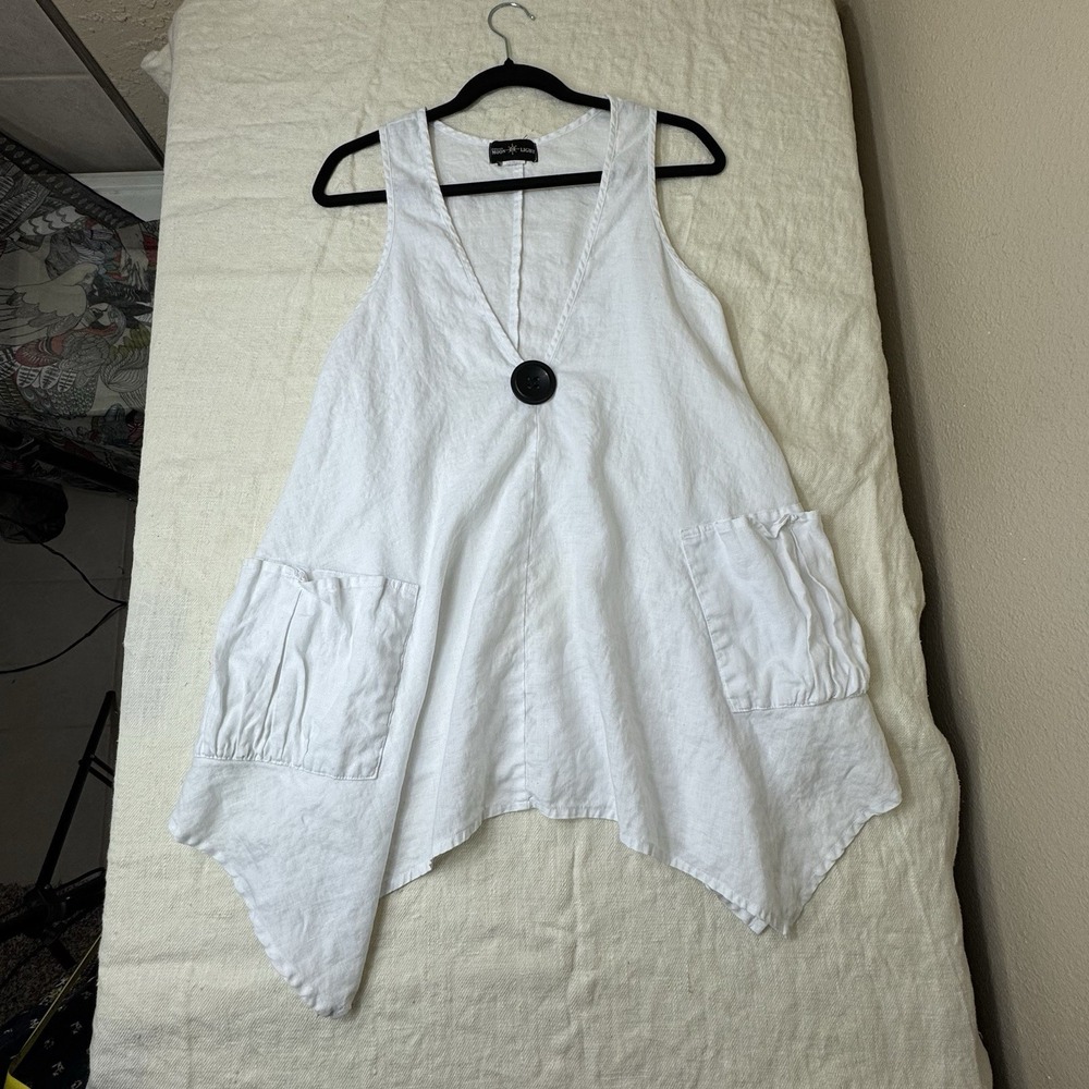 MoonLight Lagenlook Linen Tank Top Womens M/L Asymmetrical Large Button Pockets - Picture 10 of 10